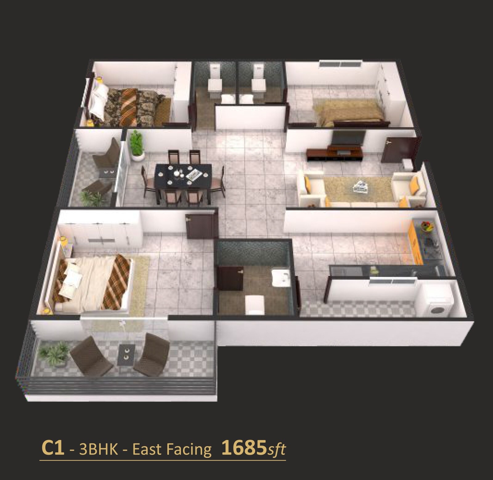 Floor plan of 3 BHK 1685 Sq. Ft. Apartment in Monarch Aqua, Bangalore