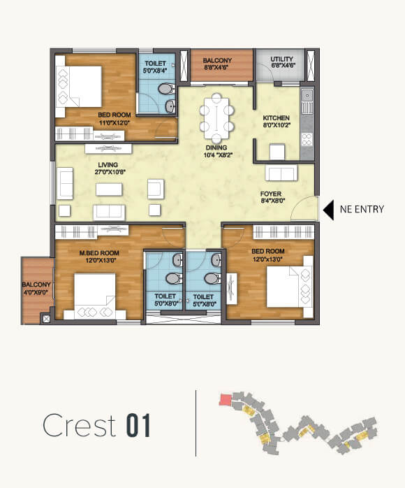 Floor plan of 3 BHK 1697 Sq. Ft. Apartment in Monarch Aqua, Bangalore