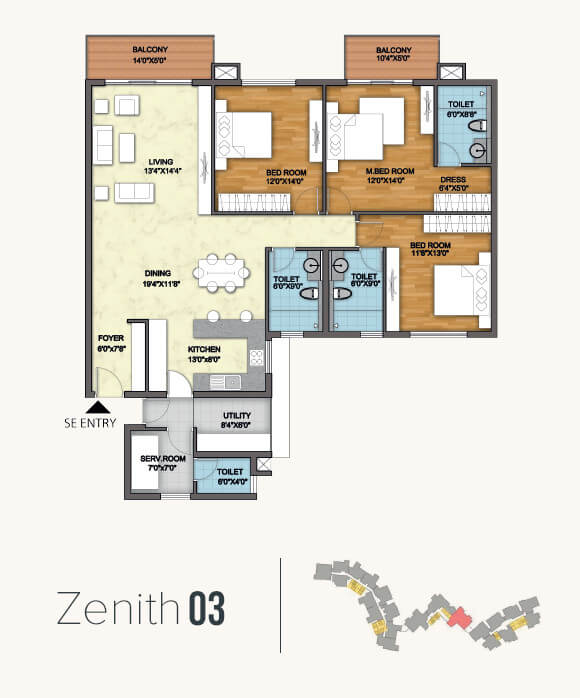 Floor plan of 3 BHK 2130 Sq. Ft. Apartment in Monarch Aqua, Bangalore