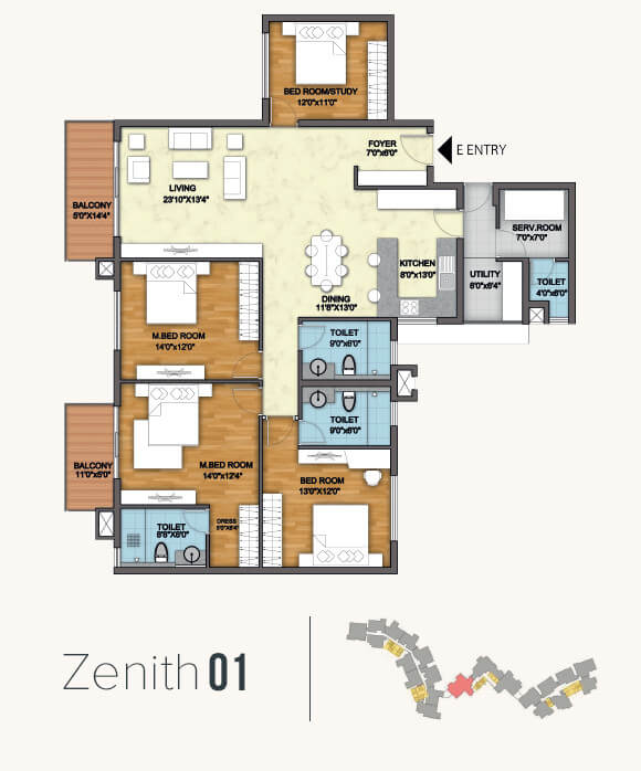 Floor plan of 4 BHK 2273 Sq. Ft. Apartment in Monarch Aqua, Bangalore