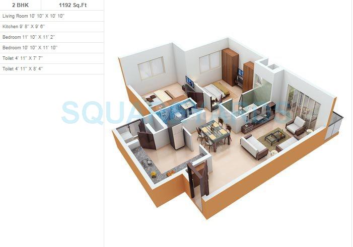 Floor plan of 2 BHK 1192 Sq. Ft. Apartment in Monarch Aqua, Bangalore