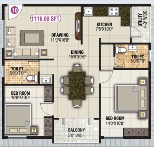 Floor plan of 2 BHK 1116 Sq. Ft. Apartment in Mounika Park Vesta, Bangalore