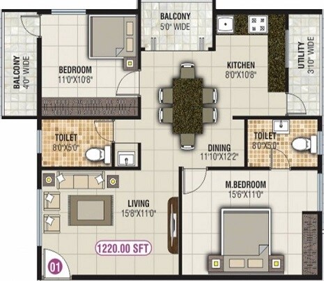 Floor plan of 2 BHK 1220 Sq. Ft. Apartment in Mounika Park Vesta, Bangalore