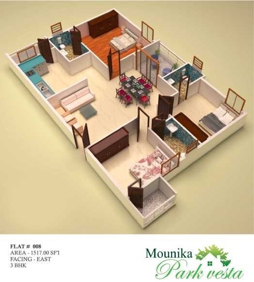 Floor plan of 3 BHK 1517 Sq. Ft. Apartment in Mounika Park Vesta, Bangalore