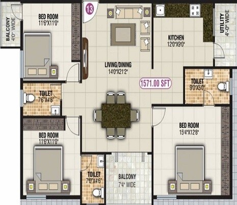 Floor plan of 3 BHK 1571 Sq. Ft. Apartment in Mounika Park Vesta, Bangalore