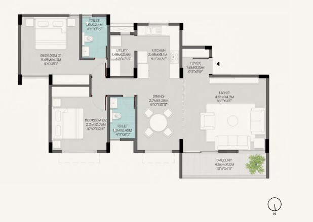 Floor plan of 2 BHK 1460 Sq. Ft. Apartment in MPN Green Storeys, Bangalore