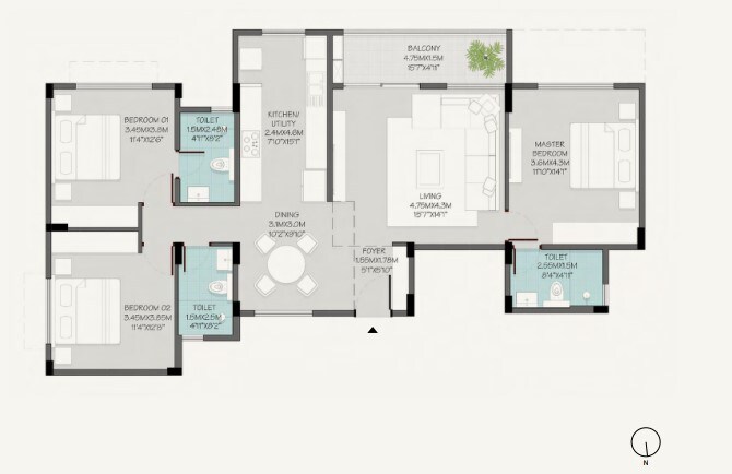 Floor plan of 3 BHK 1685 Sq. Ft. Apartment in MPN Green Storeys, Bangalore
