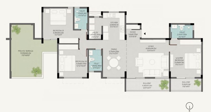 Floor plan of 3 BHK 1851 Sq. Ft. Apartment in MPN Green Storeys, Bangalore