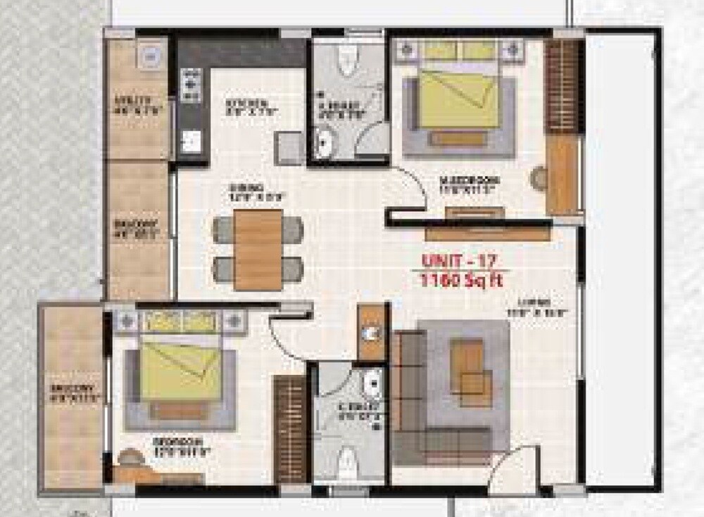 Floor plan of 2 BHK 1160 Sq. Ft. Apartment in MR Ragam Meadows, Bangalore