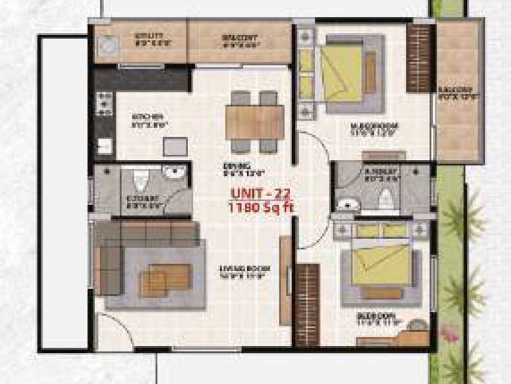 Floor plan of 2 BHK 1180 Sq. Ft. Apartment in MR Ragam Meadows, Bangalore