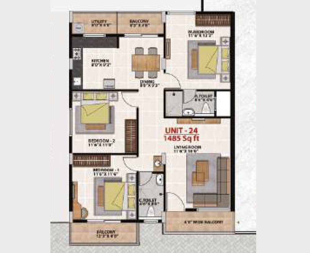 Floor plan of 3 BHK 1485 Sq. Ft. Apartment in MR Ragam Meadows, Bangalore