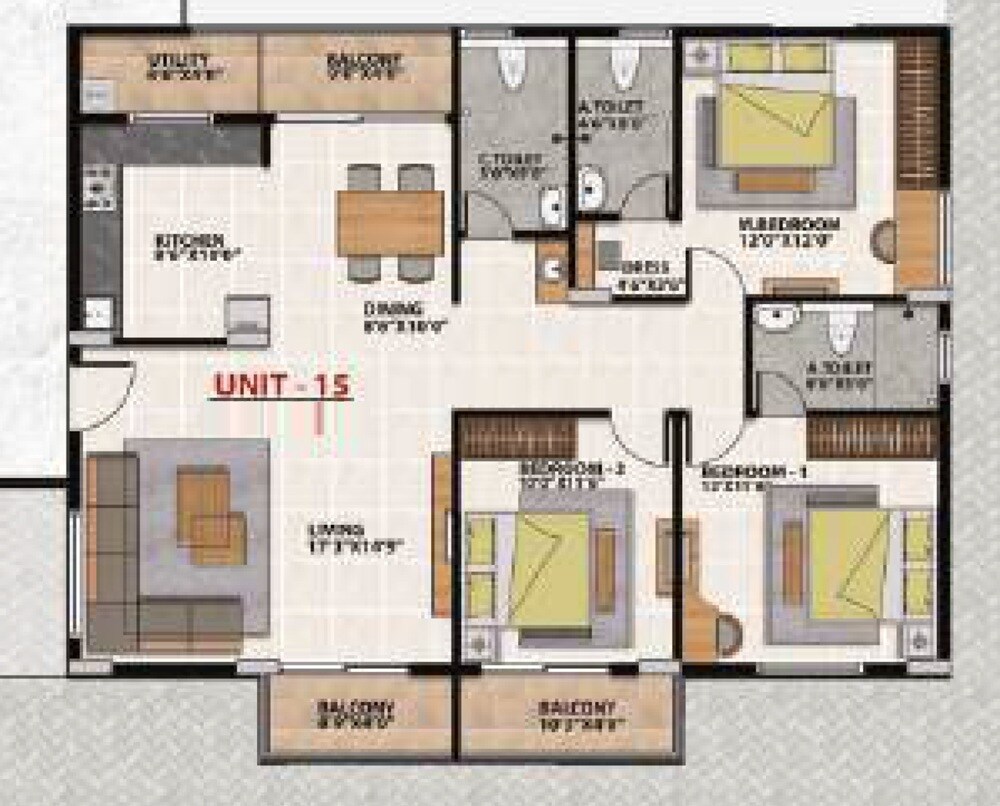 Floor plan of 3 BHK 1685 Sq. Ft. Apartment in MR Ragam Meadows, Bangalore