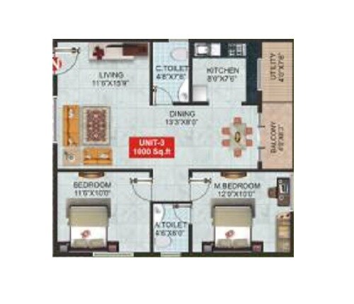 Floor plan of 2 BHK 1000 Sq. Ft. Apartment in MR Sannidhi, Bangalore