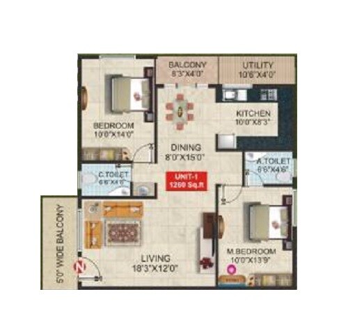 Floor plan of 2 BHK 1260 Sq. Ft. Apartment in MR Sannidhi, Bangalore