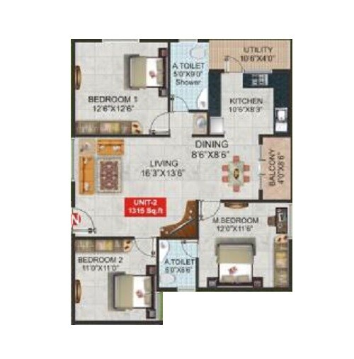 Floor plan of 3 BHK 1315 Sq. Ft. Apartment in MR Sannidhi, Bangalore