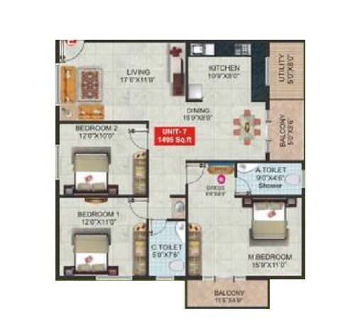 Floor plan of 3 BHK 1495 Sq. Ft. Apartment in MR Sannidhi, Bangalore