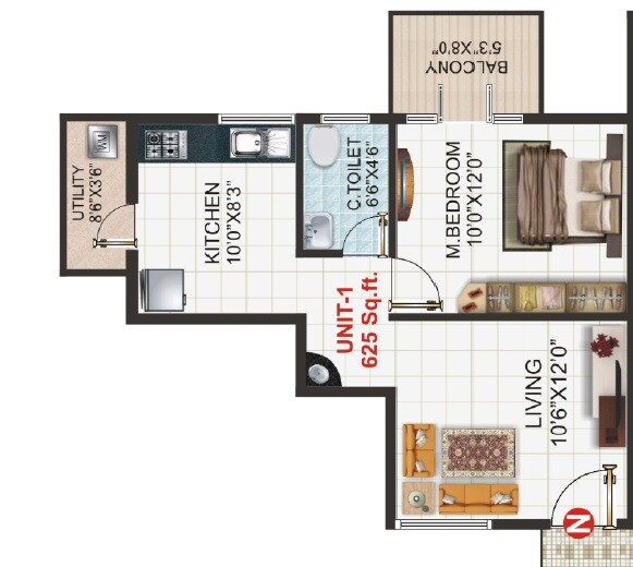 Floor plan of 1 BHK 625 Sq. Ft. Apartment in MR Shine Woods, Bangalore