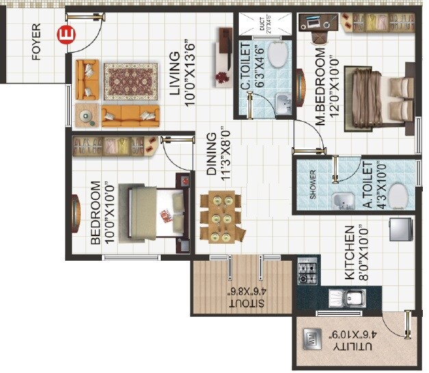 Floor plan of 2 BHK 765 Sq. Ft. Apartment in MR Shine Woods, Bangalore