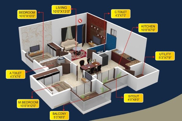 Floor plan of 2 BHK 970 Sq. Ft. Apartment in MR Shine Woods, Bangalore