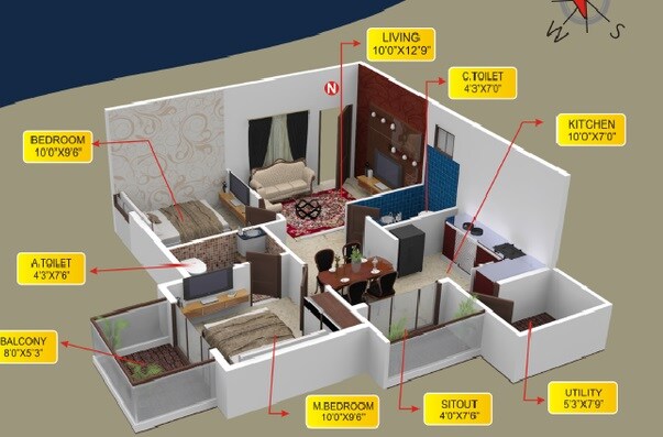 Floor plan of 3 BHK 1060 Sq. Ft. Apartment in MR Shine Woods, Bangalore