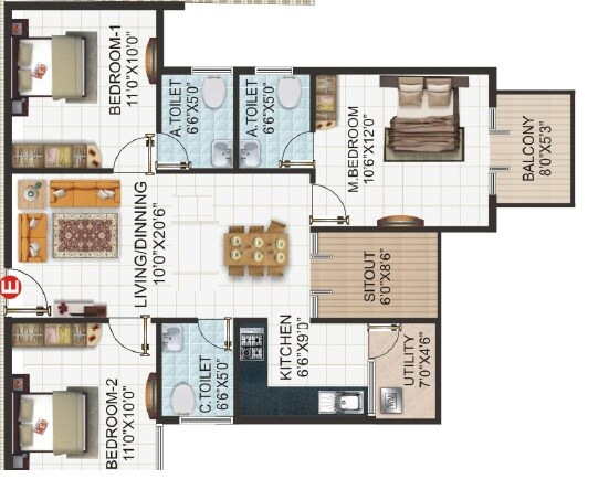 Floor plan of 3 BHK 1115 Sq. Ft. Apartment in MR Shine Woods, Bangalore