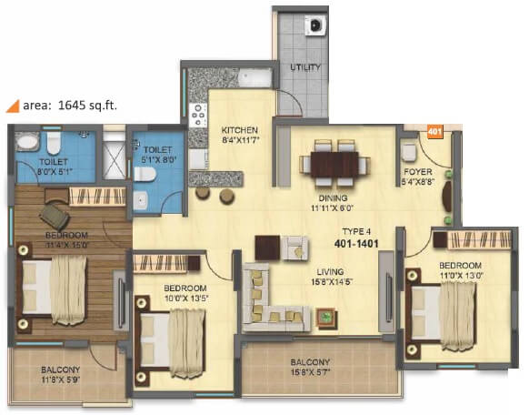3 BHK 1645 Sq. Ft. Apartment