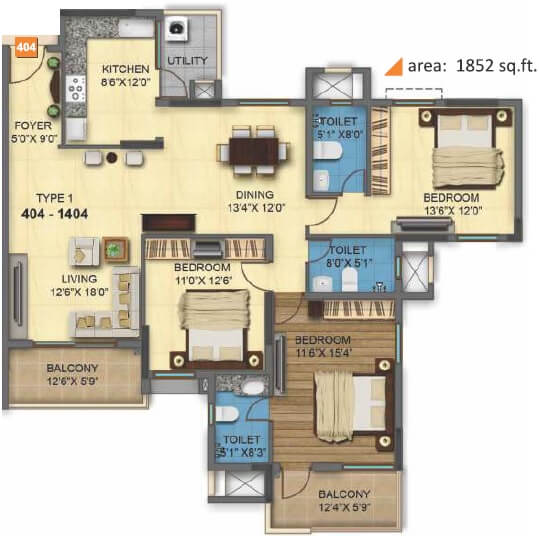 3 BHK 1852 Sq. Ft. Apartment