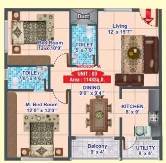 Floor plan of 2 BHK 1148 Sq. Ft. Apartment in MSR Gangothri Residency, Bangalore