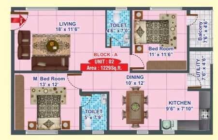 Floor plan of 2 BHK 1229 Sq. Ft. Apartment in MSR Gangothri Residency, Bangalore