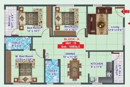Floor plan of 3 BHK 1508 Sq. Ft. Apartment in MSR Gangothri Residency, Bangalore