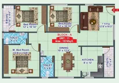 Floor plan of 3 BHK 1574 Sq. Ft. Apartment in MSR Gangothri Residency, Bangalore