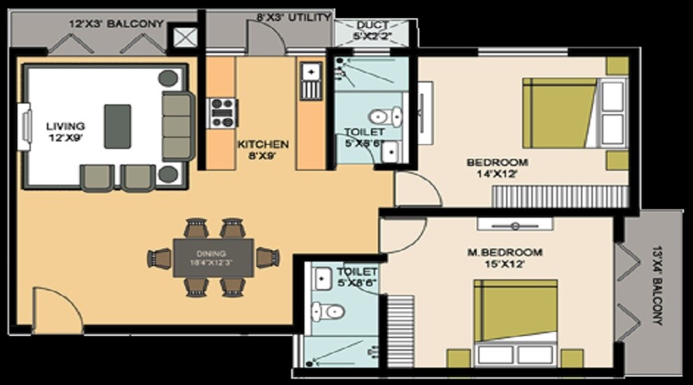Floor plan of 2 BHK 1288 Sq. Ft. Apartment in MSR Lotuss, Bangalore
