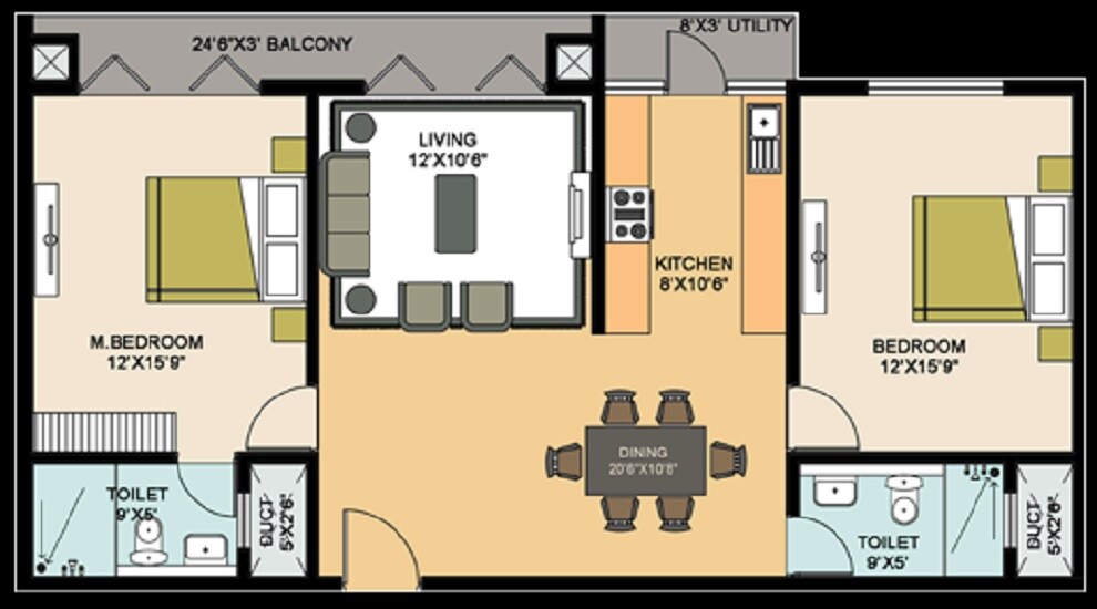 Floor plan of 2 BHK 1289 Sq. Ft. Apartment in MSR Lotuss, Bangalore
