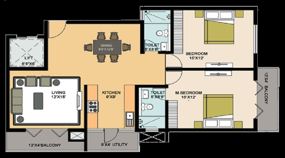 Floor plan of 2 BHK 1879 Sq. Ft. Apartment in MSR Lotuss, Bangalore