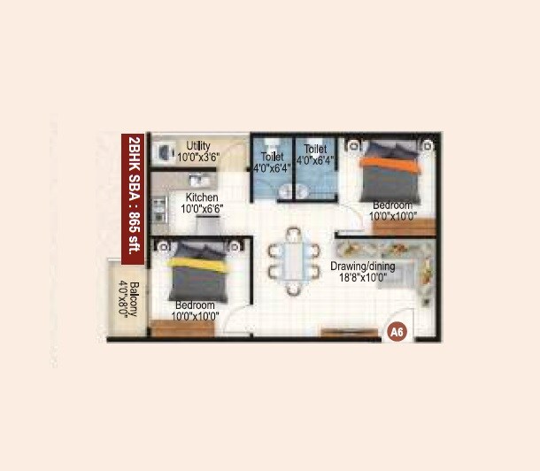 Floor plan of 2 BHK 865 Sq. Ft. Apartment in Mukunda Brundhavan, Bangalore
