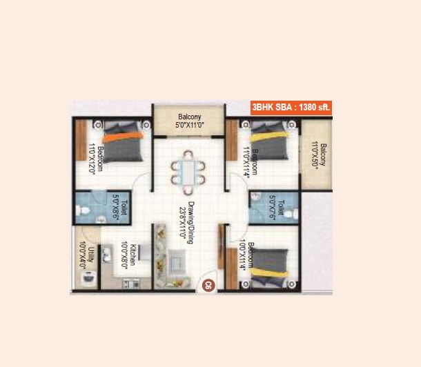 Floor plan of 3 BHK 1380 Sq. Ft. Apartment in Mukunda Brundhavan, Bangalore