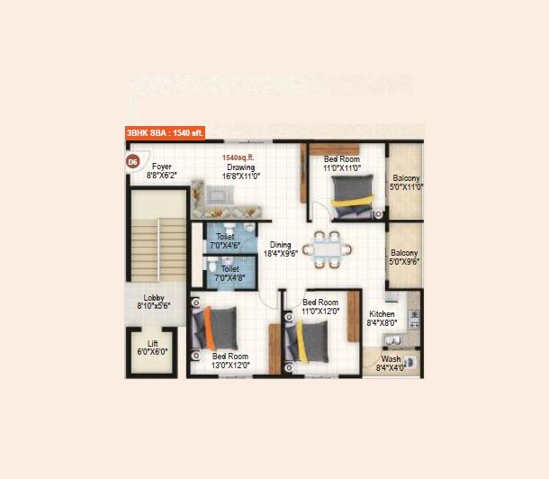 Floor plan of 3 BHK 1540 Sq. Ft. Apartment in Mukunda Brundhavan, Bangalore