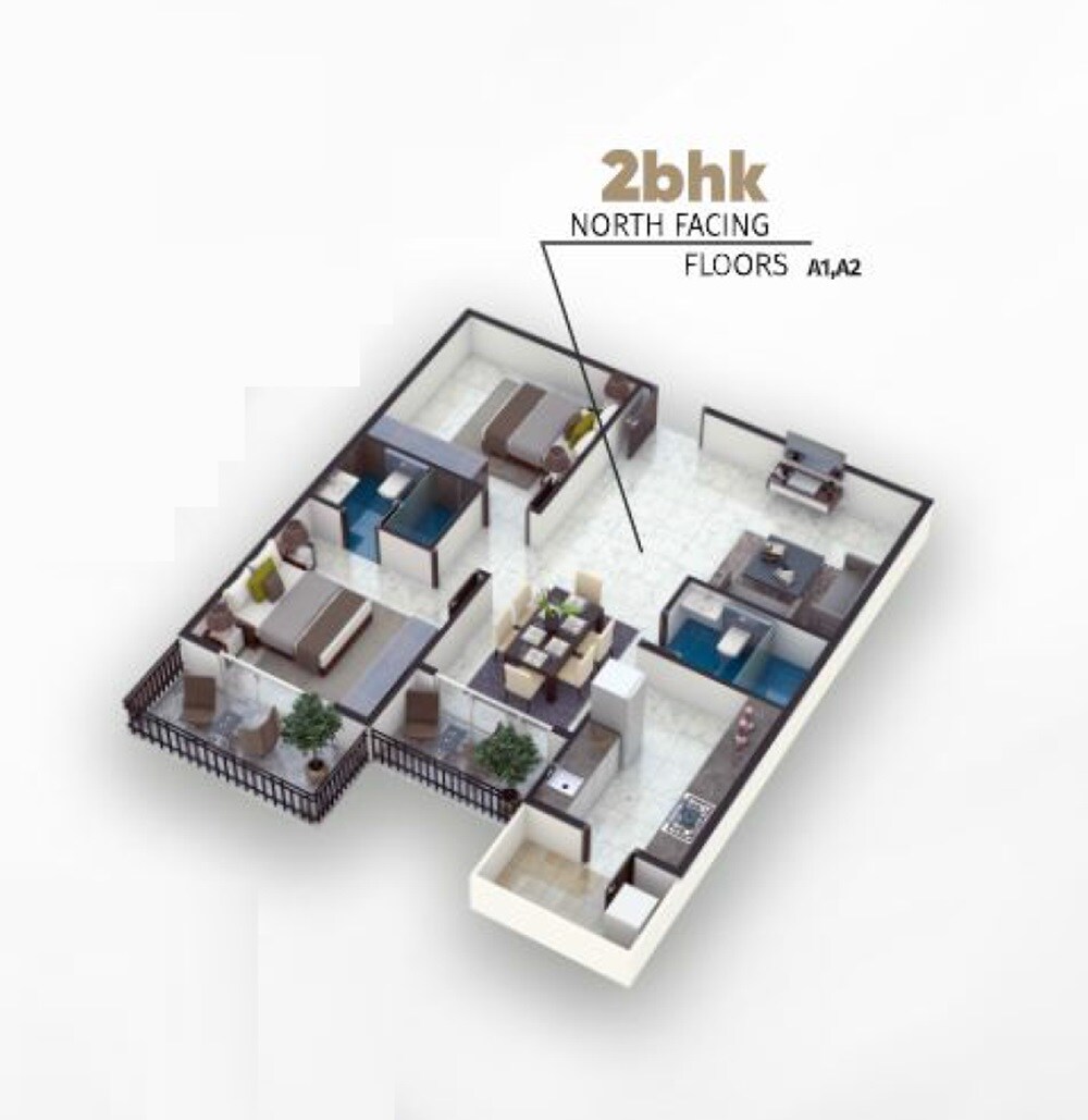 Floor plan of 2 BHK 746 Sq. Ft. Apartment in Mukunda Gokulam, Bangalore