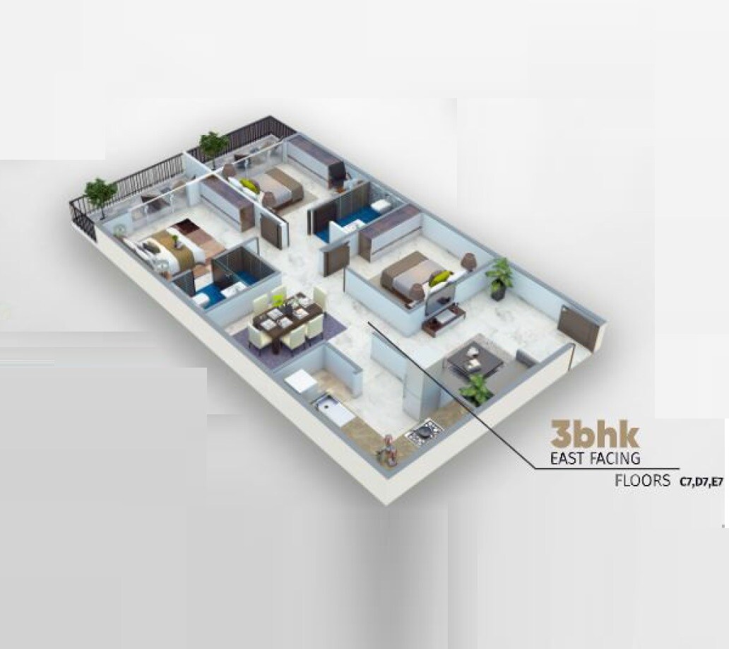 Floor plan of 3 BHK 1211 Sq. Ft. Apartment in Mukunda Gokulam, Bangalore