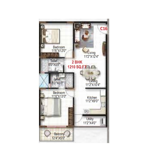 Floor plan of 2 BHK 1210 Sq. Ft. Apartment in Mukunda Nandanam, Bangalore