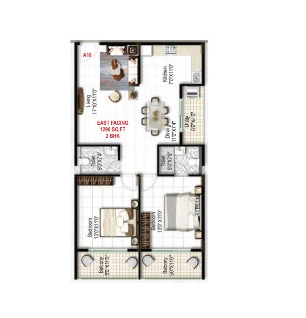 Floor plan of 2 BHK 1290 Sq. Ft. Apartment in Mukunda Nandanam, Bangalore