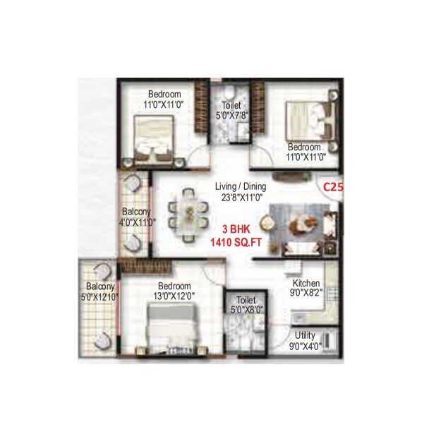 Floor plan of 3 BHK 1410 Sq. Ft. Apartment in Mukunda Nandanam, Bangalore