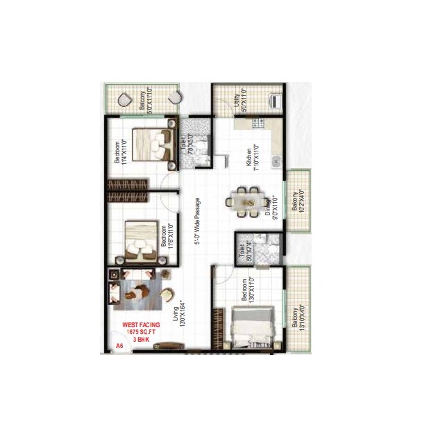 Floor plan of 3 BHK 1675 Sq. Ft. Apartment in Mukunda Nandanam, Bangalore