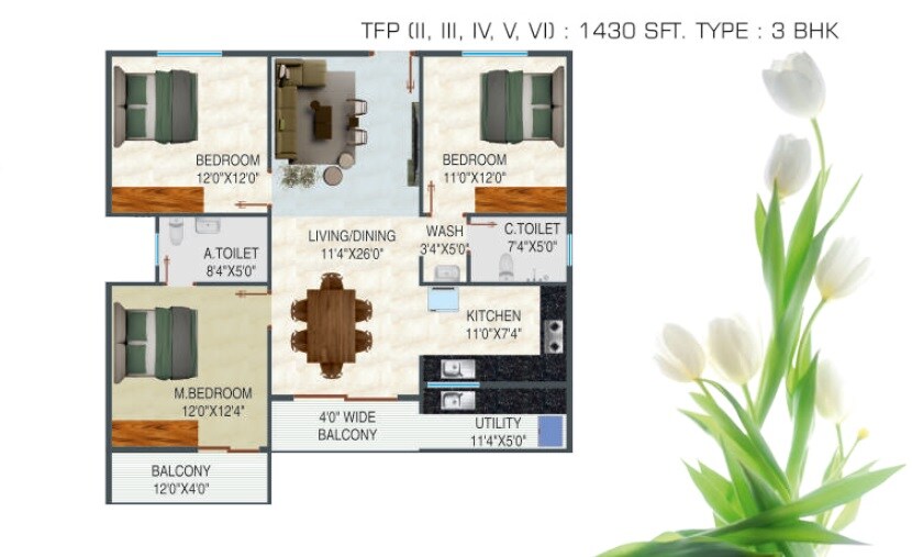 3 BHK 1430 Sq. Ft. Apartment