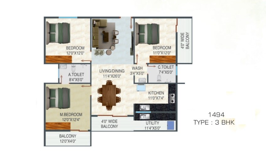 3 BHK 1494 Sq. Ft. Apartment