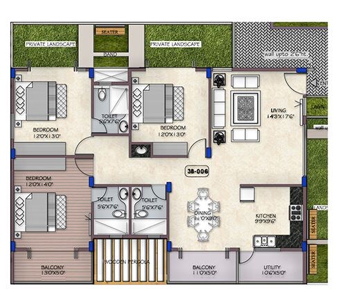 Floor plan of 3 BHK 1831 Sq. Ft. Apartment in MV Periwinkle, Bangalore