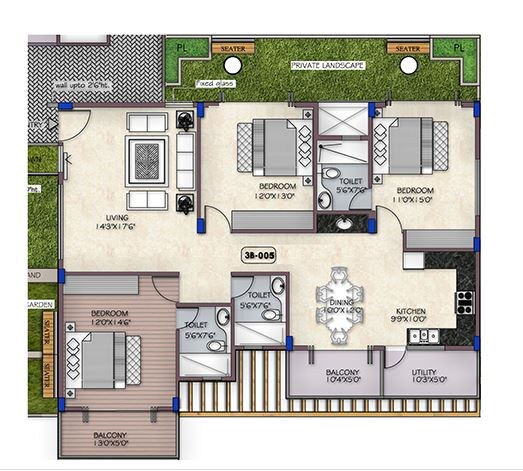 Floor plan of 3 BHK 1832 Sq. Ft. Apartment in MV Periwinkle, Bangalore