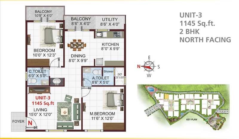 Floor plan of 2 BHK 1145 Sq. Ft. Apartment in MV Varja Value Plus, Bangalore