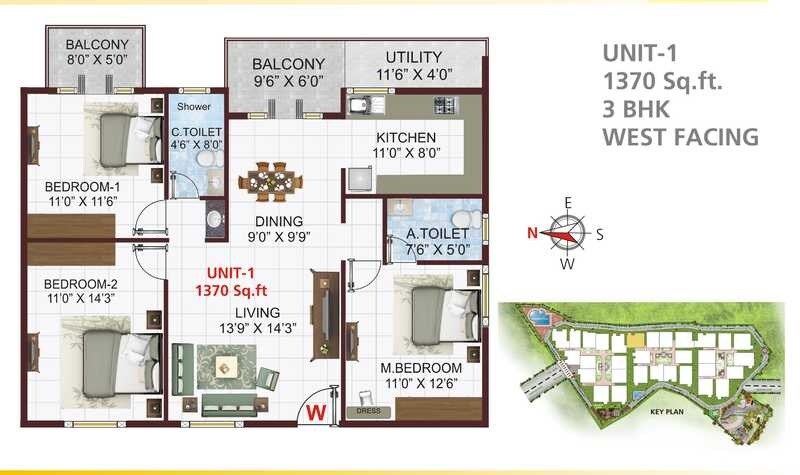 Floor plan of 3 BHK 1370 Sq. Ft. Apartment in MV Varja Value Plus, Bangalore