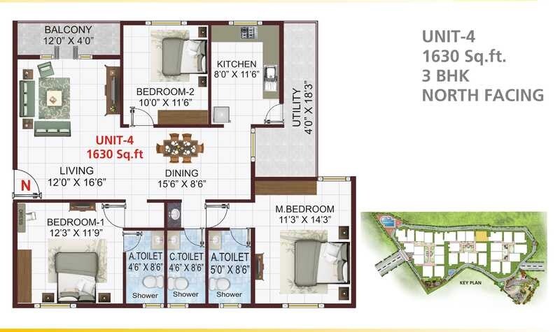 Floor plan of 3 BHK 1630 Sq. Ft. Apartment in MV Varja Value Plus, Bangalore